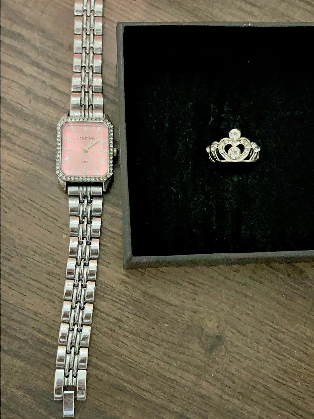 Rectangular Pink Dial Silver-Tone Watch Like New